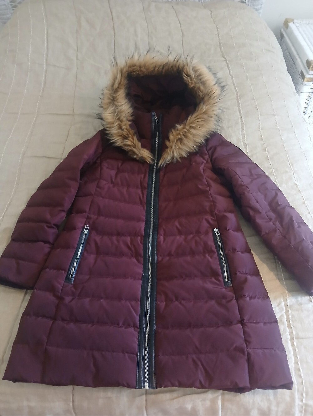 Womens Burgundy Duck Down Quilted Puffer Coat
